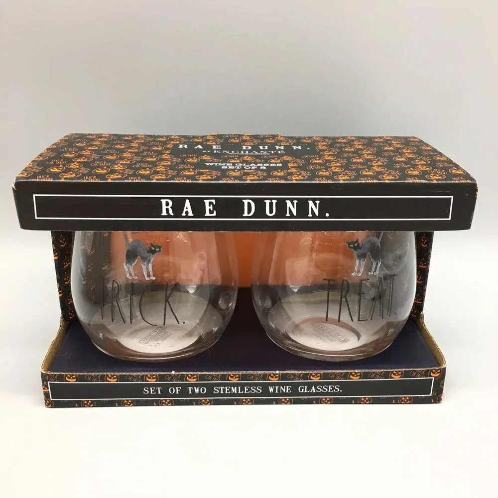 4pc Rae Dunn Halloween Black Scaredy Cat Stemless Wine Glass Set TRICK TREAT NEW